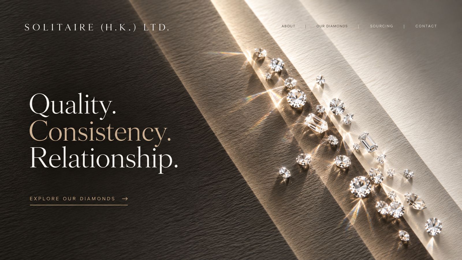 Scattered loose diamonds on textured paper under diagonal light - Solitaire (H.K.) Ltd. Quality. Consistency. Relationship.